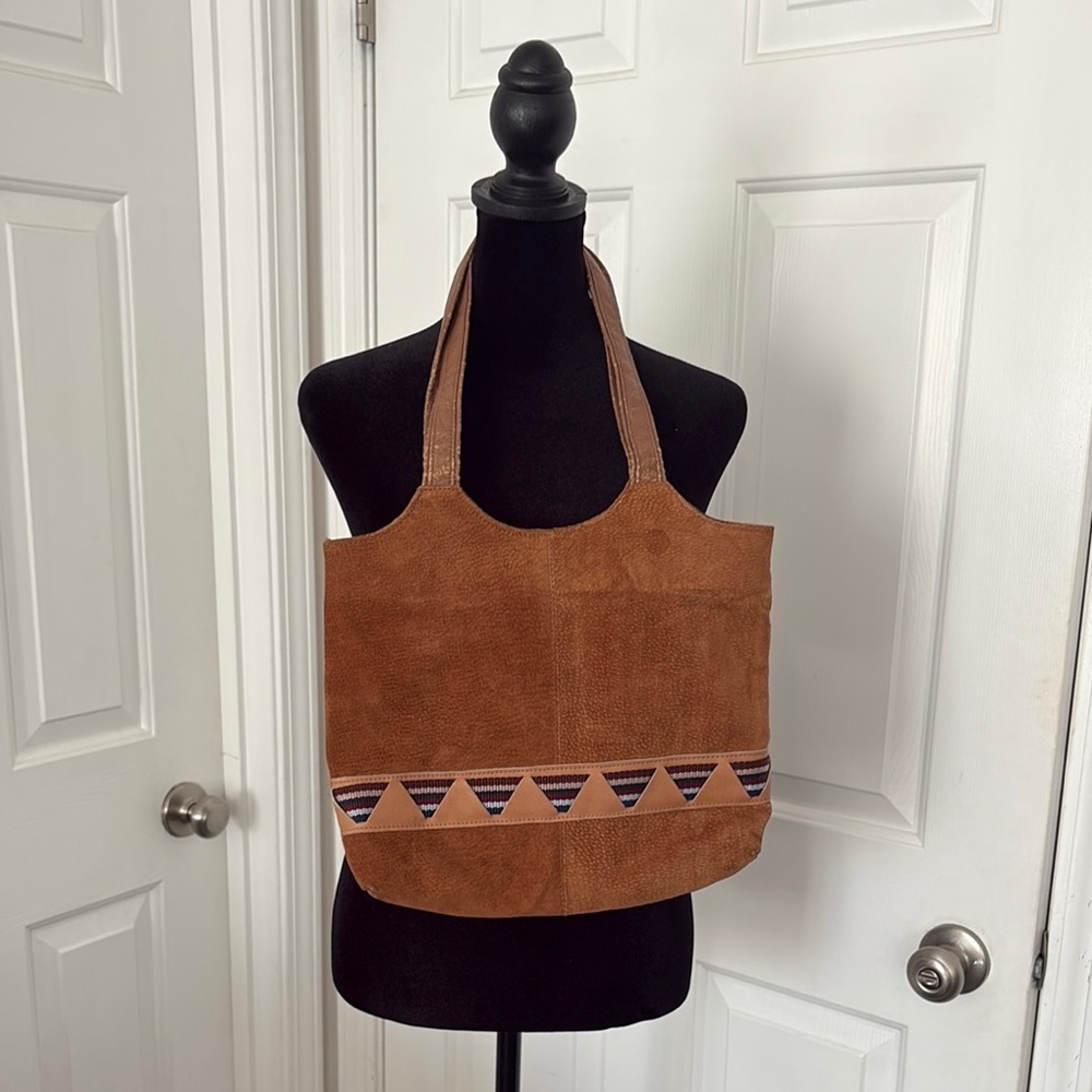 Vintage Brown Suede Shoulder Bag with Geometric Design